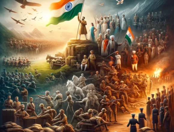 Indian martyrs, Indian independence, freedom struggle, 1857 Uprising, Indian National Army, INA, Quit India Movement, Indian flag, revolution, battle, colonial resistance, unity, determination, historical representation, sacrifice, valor, patriotism, British Raj, uprising, World War II, independence movement.