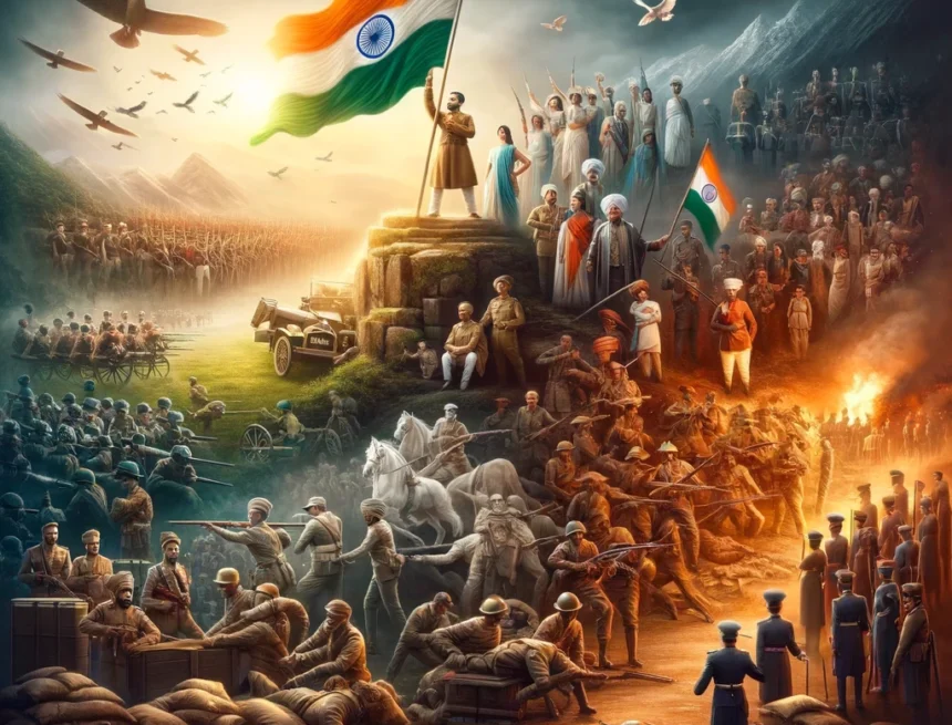 Indian martyrs, Indian independence, freedom struggle, 1857 Uprising, Indian National Army, INA, Quit India Movement, Indian flag, revolution, battle, colonial resistance, unity, determination, historical representation, sacrifice, valor, patriotism, British Raj, uprising, World War II, independence movement.