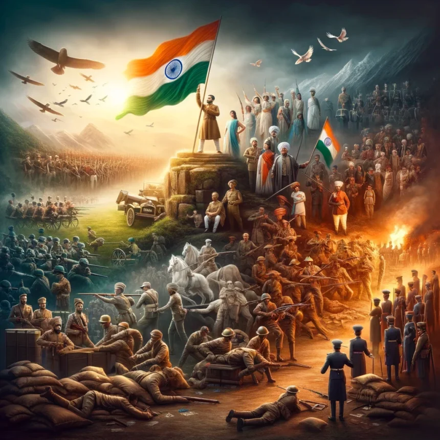 Indian martyrs, Indian independence, freedom struggle, 1857 Uprising, Indian National Army, INA, Quit India Movement, Indian flag, revolution, battle, colonial resistance, unity, determination, historical representation, sacrifice, valor, patriotism, British Raj, uprising, World War II, independence movement.