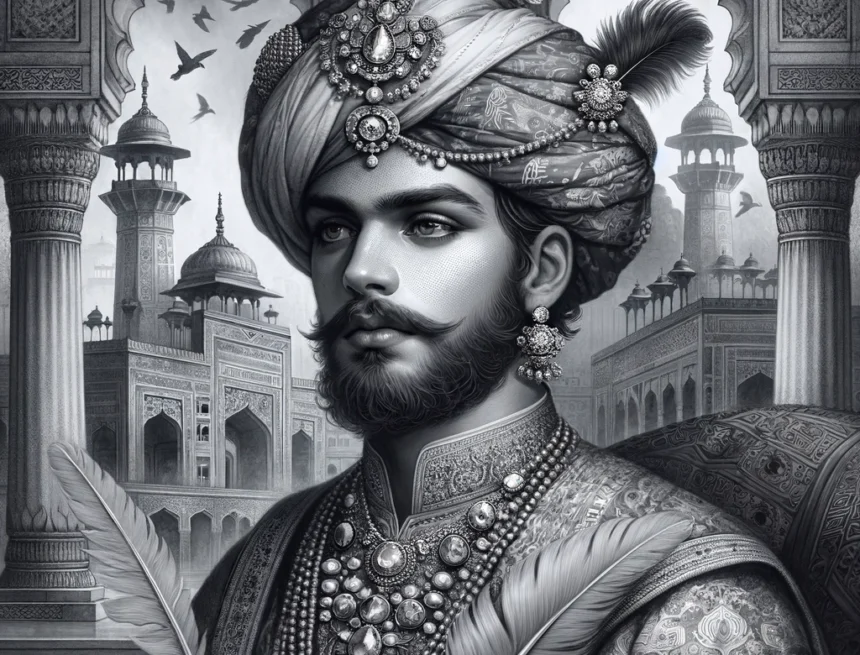 Digital_image_representing_Jahandar_Shah_in_Mughal_Empire_history Jahandar Shah, Mughal emperor, Mughal attire, historical painting, greyscale image, Mughal architecture, 18th century, Mughal court, opulent dress, Mughal history
