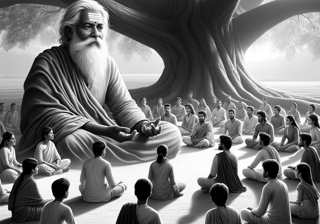 guru-shishya, Indian tradition, teaching, disciples, learning, spiritual education, grayscale image, cultural heritage, traditional education, mentorship, Hindu Sacred Texts
