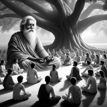 guru-shishya, Indian tradition, teaching, disciples, learning, spiritual education, grayscale image, cultural heritage, traditional education, mentorship, Hindu Sacred Texts