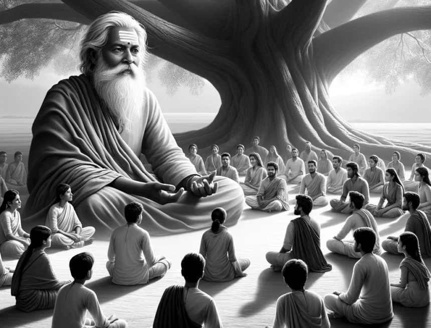 guru-shishya, Indian tradition, teaching, disciples, learning, spiritual education, grayscale image, cultural heritage, traditional education, mentorship, Hindu Sacred Texts