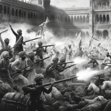 Indian Uprising of 1857, Sepoy Mutiny, historical battle, Indian sepoys, British soldiers, grayscale painting, battle scene, military history, colonial India, rebellion, Indian Independence