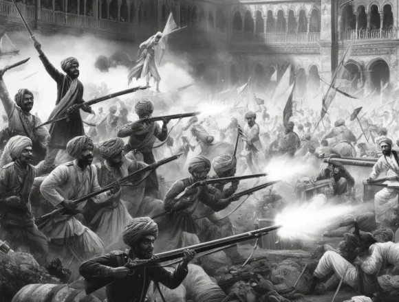 Indian Uprising of 1857, Sepoy Mutiny, historical battle, Indian sepoys, British soldiers, grayscale painting, battle scene, military history, colonial India, rebellion, Indian Independence