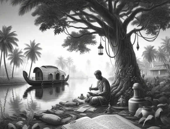 Kerala, Malayalam culture, poetry, backwaters, coconut trees, houseboat, tranquil, grayscale, cultural heritage, traditional Kerala