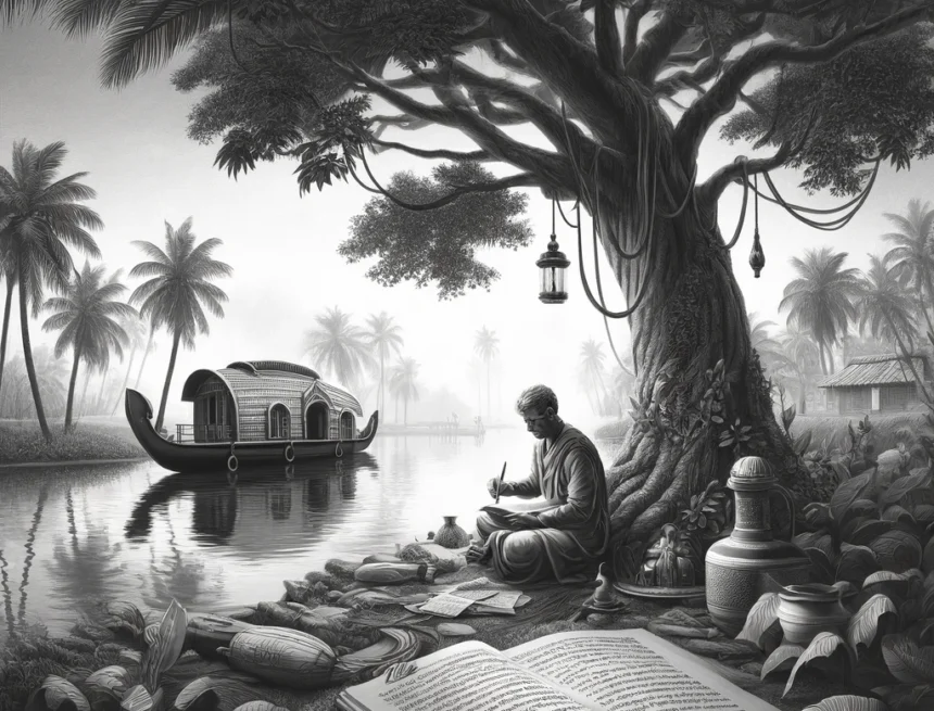 Malayalam_culture_and_poetry_has_been_created_Representing_Vyloppilli_Sreedhara_Menon Kerala, Malayalam culture, poetry, backwaters, coconut trees, houseboat, tranquil, grayscale, cultural heritage, traditional Kerala