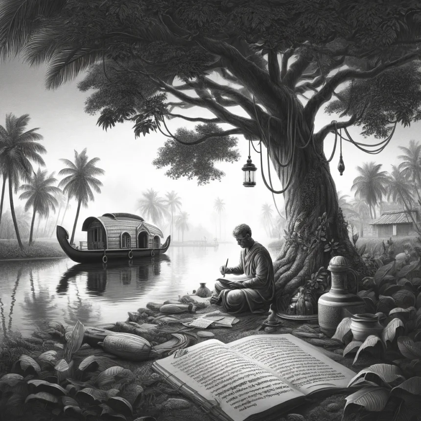 Kerala, Malayalam culture, poetry, backwaters, coconut trees, houseboat, tranquil, grayscale, cultural heritage, traditional Kerala