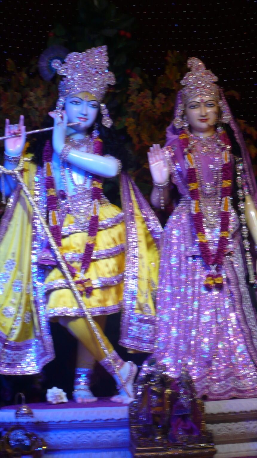 Prem Mandir, Vrindavan, deity statues, Lord Krishna, Radha, temple worship, Hinduism, religious art, intricate costumes, spiritual atmosphere