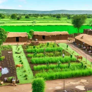 eco-village, sustainable living, Indian architecture, organic farming, rural landscape, environmental harmony, traditional practices, Agriculture in India