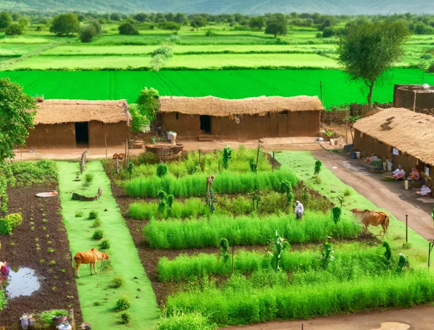 A_lush_green_eco_village _countryside_Maharashtra_India eco-village, sustainable living, Indian architecture, organic farming, rural landscape, environmental harmony, traditional practices, Agriculture in India