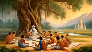Gurukul, traditional education, Hindu guru, students, open-air classroom, ancient tree, spiritual learning, traditional Indian clothes, serene landscape, Hindu temple.