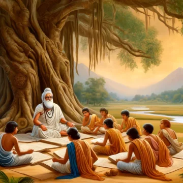 Gurukul, traditional education, Hindu guru, students, open-air classroom, ancient tree, spiritual learning, traditional Indian clothes, serene landscape, Hindu temple.