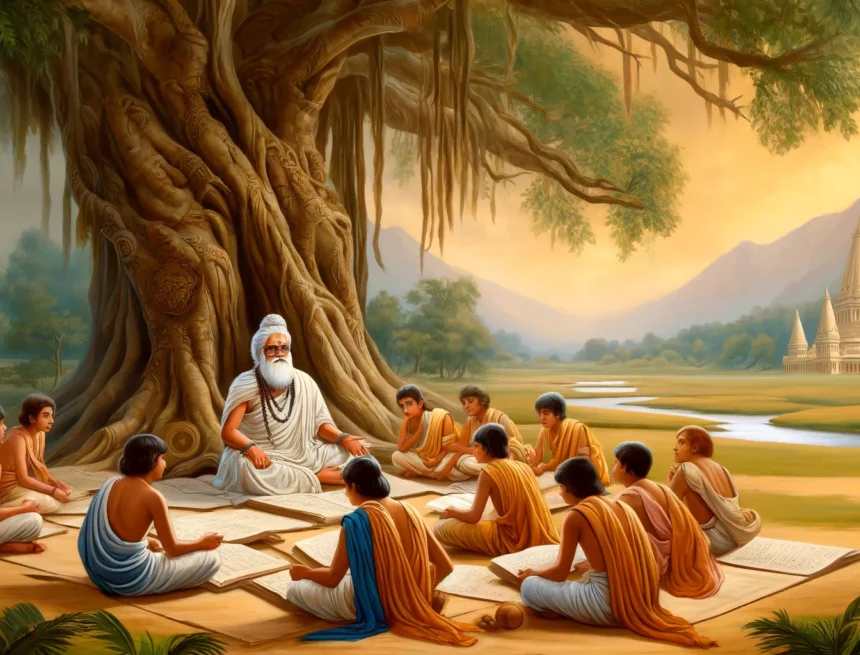 Ancient_Hindu_education_system_traditional_Indian_setting_Gurukul_open-air_schooi Gurukul, traditional education, Hindu guru, students, open-air classroom, ancient tree, spiritual learning, traditional Indian clothes, serene landscape, Hindu temple.