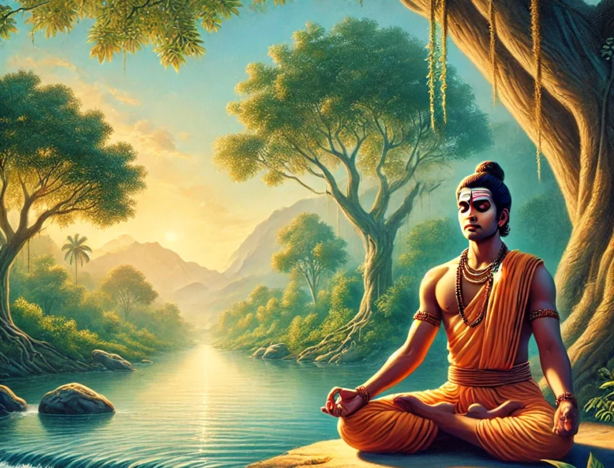 Ashtanga Yoga, meditation, Indian river, serene nature, yoga practice, spiritual discipline, traditional attire, peaceful environment, sunrise, greenery