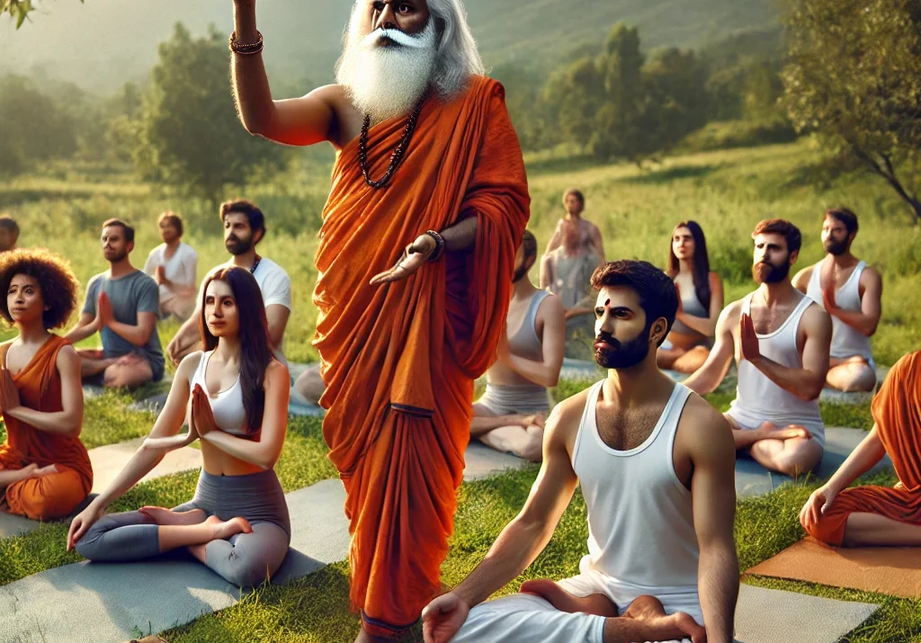 ashtanga yoga, Indian guru, yoga practice, disciples, yoga in nature, traditional yoga, diverse ethnicity, serene setting, outdoor yoga, spiritual guidance, Patanjali
