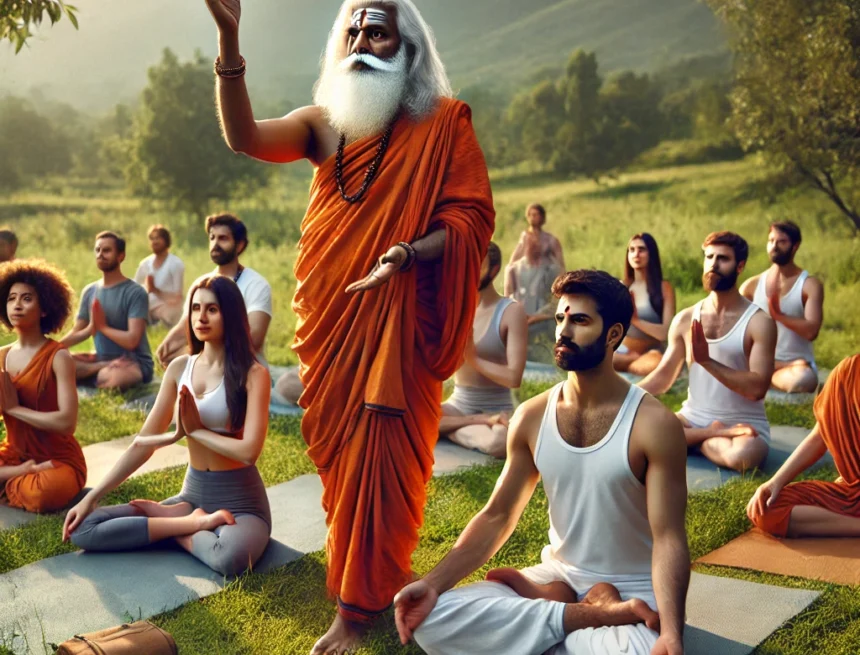 ashtanga yoga, Indian guru, yoga practice, disciples, yoga in nature, traditional yoga, diverse ethnicity, serene setting, outdoor yoga, spiritual guidance, Patanjali