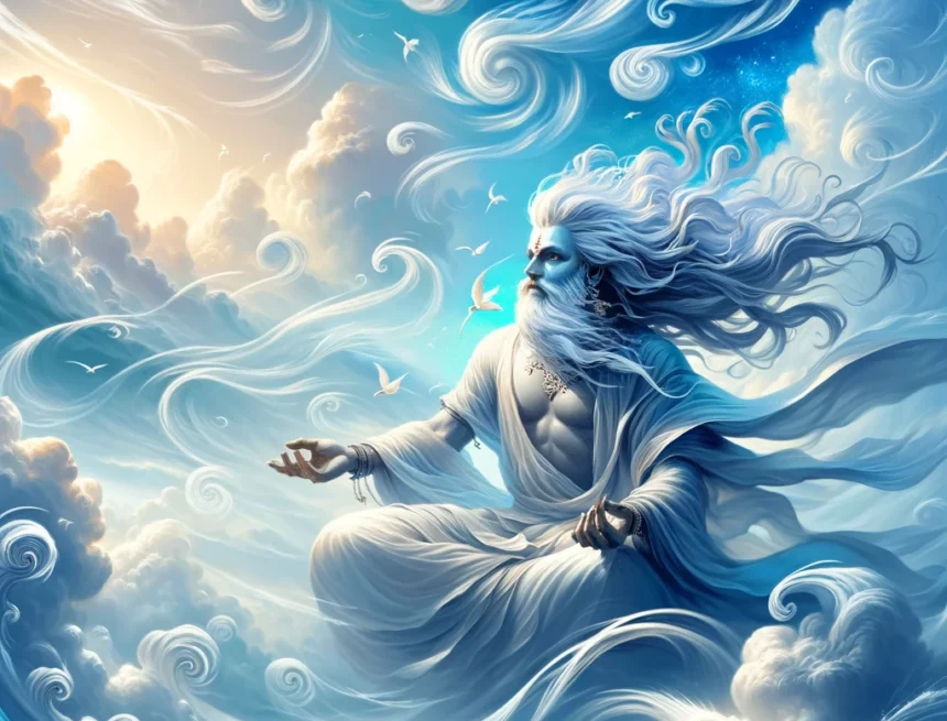 Digital_image_representing_Vayu_the_Hindu_god_of_wind_a_guru_of_Lord_Dattatreya Vayu, Hindu god, wind god, ancient sage, spiritual art, ethereal clouds, serene, dynamic nature, flowing garments, Hindu mythology, Dattatreya gurus
