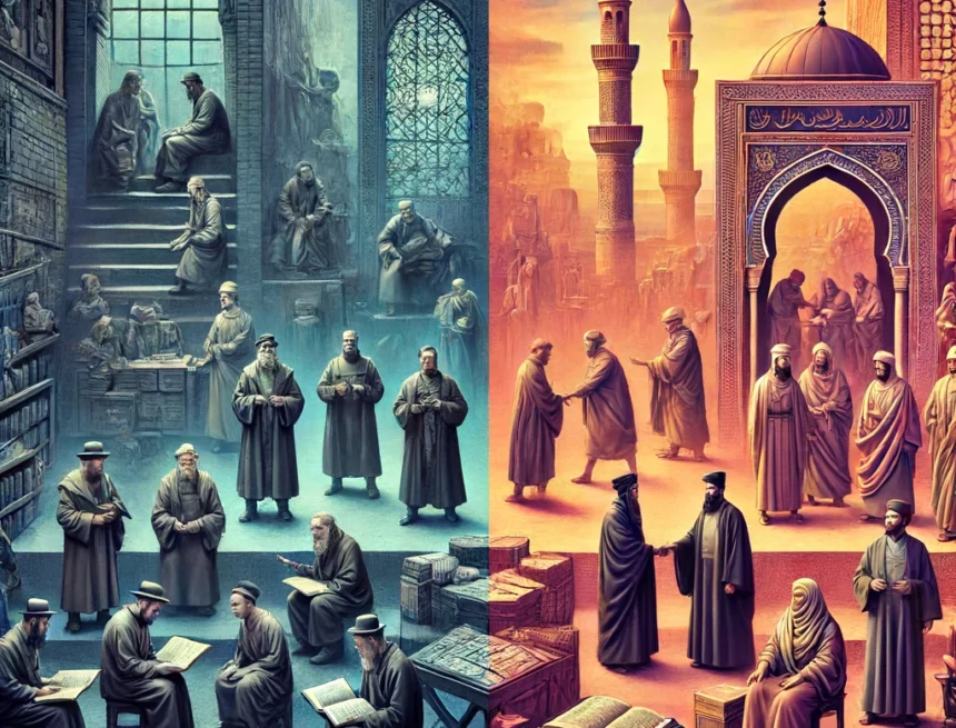 Digital_image_representing_continued_supression_of_Jews_earlier_by_Christians_and_now_by_Muslims_owing_to_their_tolerant_policy historical interaction, Jewish history, Christian exploitation, Muslim collaboration, Medieval Europe, Golden Age of Islam, Spain, scholarly exchange, commerce, cultural exchange, religious tolerance, art history, conceptual art, Tolerance