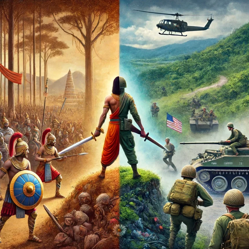 Mahabharata, Vietnam War, Hamburger Hill, ancient warfare, modern warfare, Dharma, ethical challenges, Indian landscape, Vietnamese jungle, historical contrast