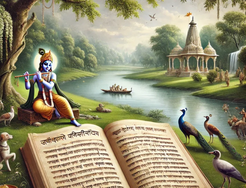 Exploring_the_Timeless_Teachings_of_Shrimad_Bhagwat Shrimad Bhagwat, Vrindavan, Lord Krishna, Sanskrit scripture, Indian culture, spiritual teachings, divine wisdom, serene nature, peacocks, ancient texts