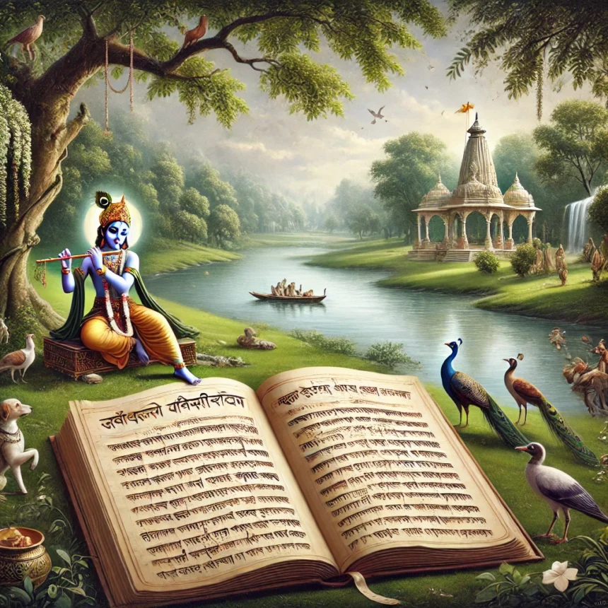 Shrimad Bhagwat, Vrindavan, Lord Krishna, Sanskrit scripture, Indian culture, spiritual teachings, divine wisdom, serene nature, peacocks, ancient texts