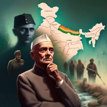 Jawaharlal Nehru, Kashmir dispute, security failures, historical art, political instability, external threats, domestic unrest, symbolic representation, impressionistic, muted colors