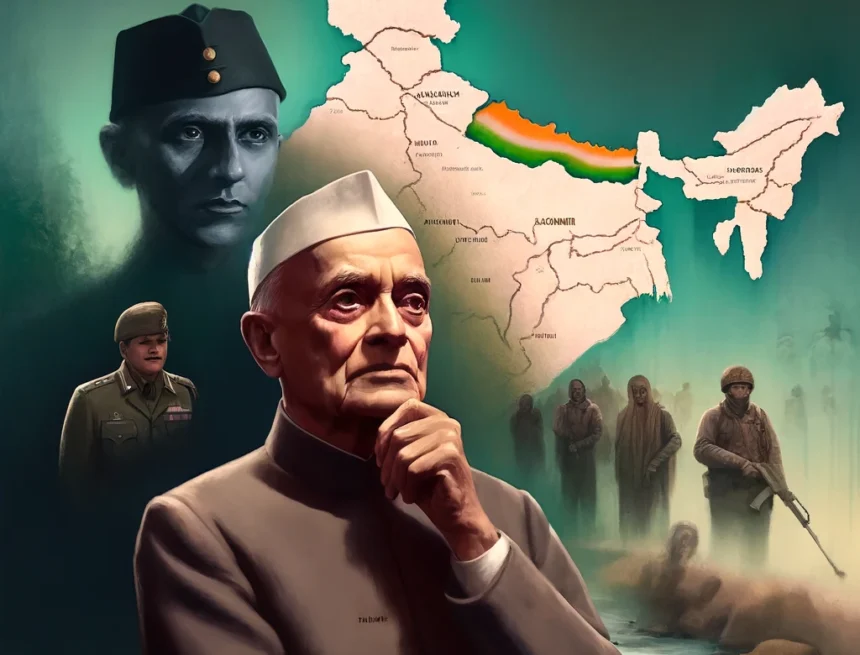 Failures_of_Jawaharlal_Nehru_security_and_Kashmir Jawaharlal Nehru, Kashmir dispute, security failures, historical art, political instability, external threats, domestic unrest, symbolic representation, impressionistic, muted colors