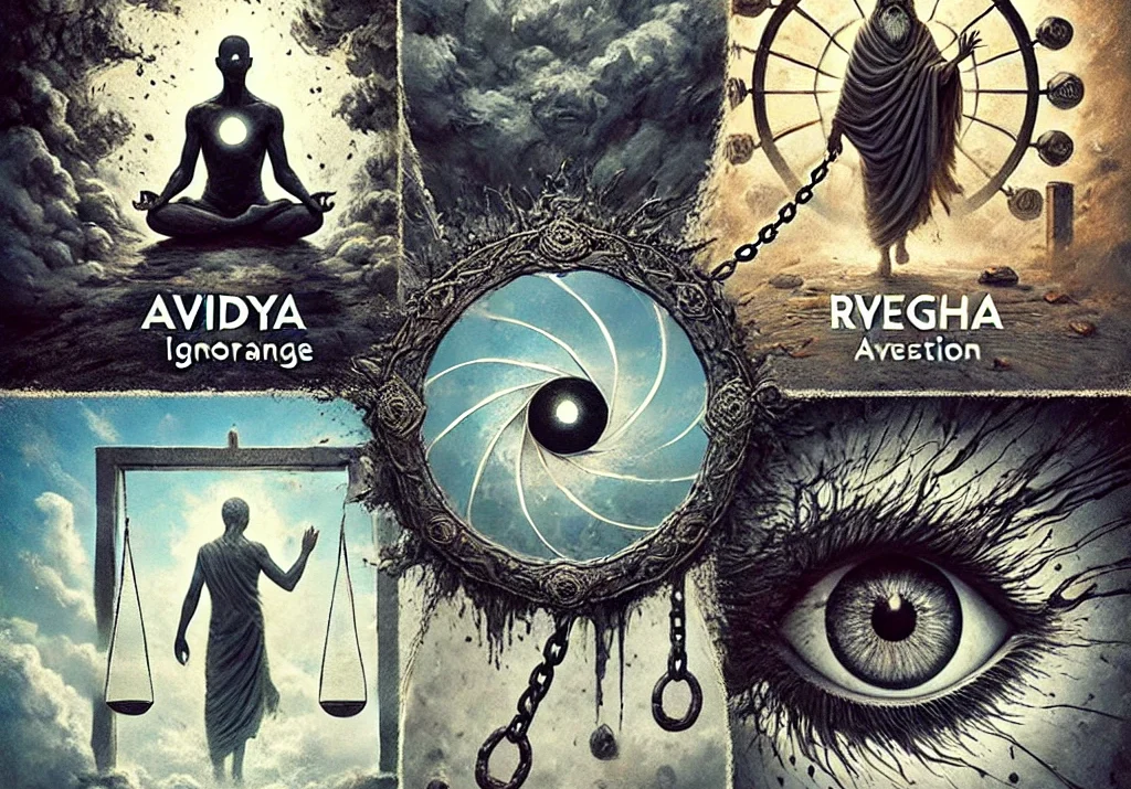 Klishta Vrittis, Avidya, Asmita, Raga, Dvesha, Abhinivesha, Yoga Sutras, Patanjali, conceptual art, digital artwork, psychological states, emotional impact, spiritual philosophy, Patanjalis yoga sutra