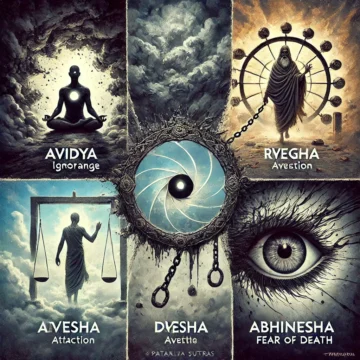 Klishta Vrittis, Avidya, Asmita, Raga, Dvesha, Abhinivesha, Yoga Sutras, Patanjali, conceptual art, digital artwork, psychological states, emotional impact, spiritual philosophy, Patanjalis yoga sutra