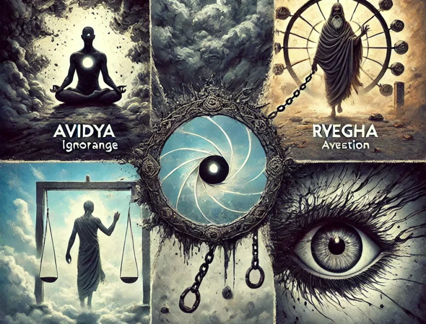 Klishta Vrittis, Avidya, Asmita, Raga, Dvesha, Abhinivesha, Yoga Sutras, Patanjali, conceptual art, digital artwork, psychological states, emotional impact, spiritual philosophy, Patanjalis yoga sutra