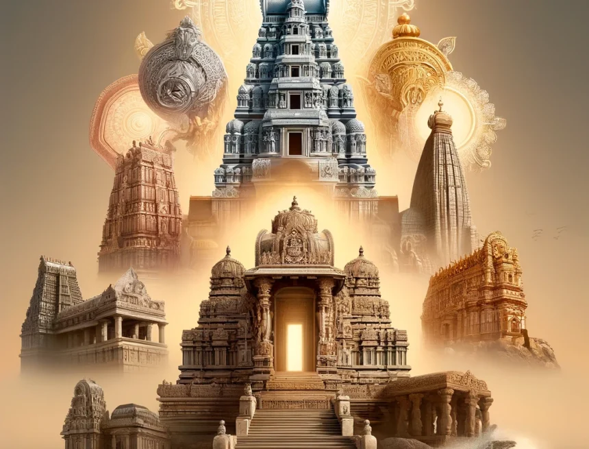 top five temples, top five Shri Vishnu temples, Hindu temples, Lord Vishnu, architecture, spiritual, Dravidian style, gopuram, stone carvings, gold details, marine motifs, mystical scene