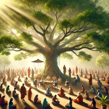 Sanatana Dharma, inclusivity, unity, diversity, ancient tree, spiritual shelter, peaceful community, meditation, teaching, discussion, sunlight, natural environment