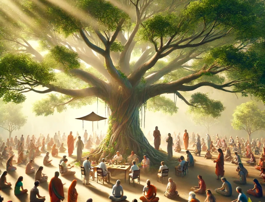 Giant_tree_of_Sanatana_Dharma_giving_shelter_to_every_faith_and_belief Sanatana Dharma, inclusivity, unity, diversity, ancient tree, spiritual shelter, peaceful community, meditation, teaching, discussion, sunlight, natural environment