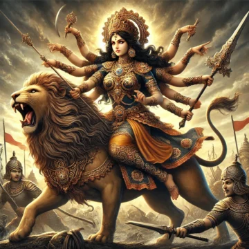 Katyayani, Durga Maa, warrior goddess, lion, sword, shield, battlefield, Hindu goddess, divine warrior, righteousness, justice