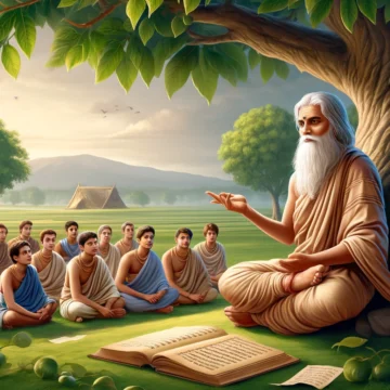 Guru Shishya Parampara, gurukul, ancient India, traditional education, Guru teaching, oral transmission, peaceful landscape, traditional robes, ancient manuscripts, open-air classroom, diverse disciples, spiritual education