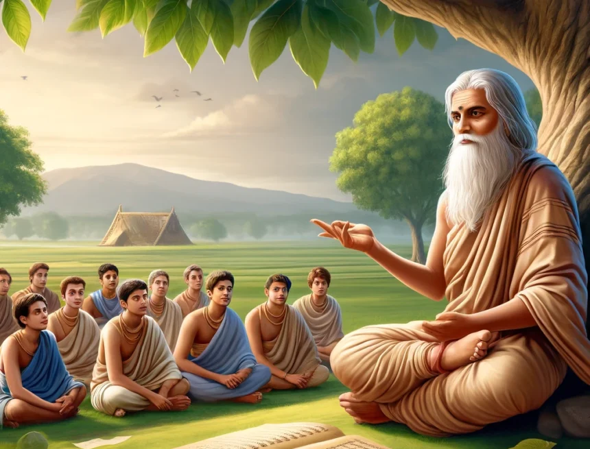 Guru_Shishya_Parampara_in_ancient_India Guru Shishya Parampara, gurukul, ancient India, traditional education, Guru teaching, oral transmission, peaceful landscape, traditional robes, ancient manuscripts, open-air classroom, diverse disciples, spiritual education
