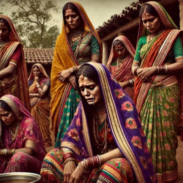 Hindu women, sorrow, traditional attire, village, emotional distress, communal support, grief, cultural