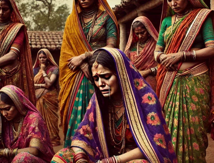Hindu women, sorrow, traditional attire, village, emotional distress, communal support, grief, cultural