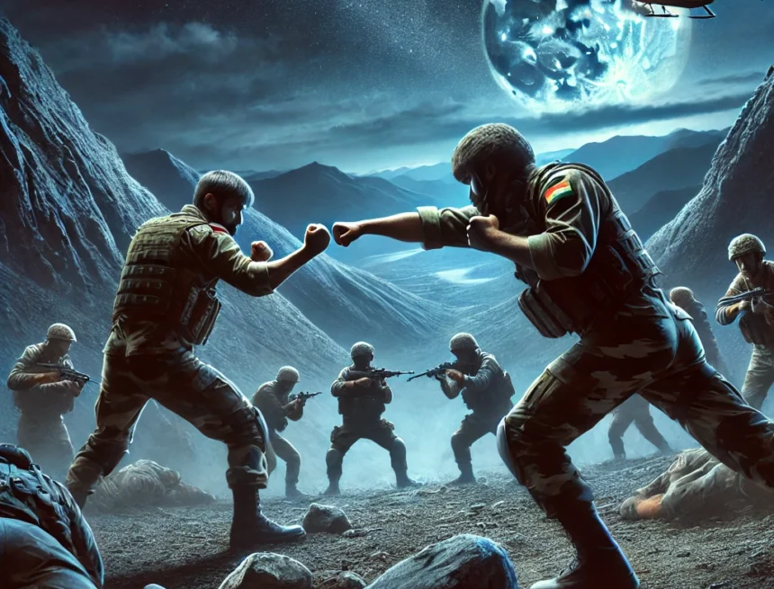 Indian_Chinese_soldiers_engaged_in_intense_fistfight_at_Galwan_border India-China border, Galwan Valley, hand-to-hand combat, military confrontation, border dispute, night battle, soldier engagement, Indo-China clash, mountain warfare, border tension