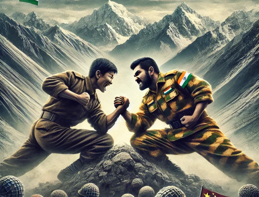 Indian soldier, Chinese soldier, fist fight, Kushti wrestling, military uniforms, hand-to-hand combat, high-altitude terrain, border clash, intense struggle, no weapons, India China Border