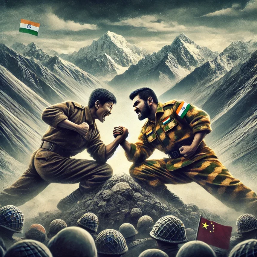 Indian soldier, Chinese soldier, fist fight, Kushti wrestling, military uniforms, hand-to-hand combat, high-altitude terrain, border clash, intense struggle, no weapons, India China Border