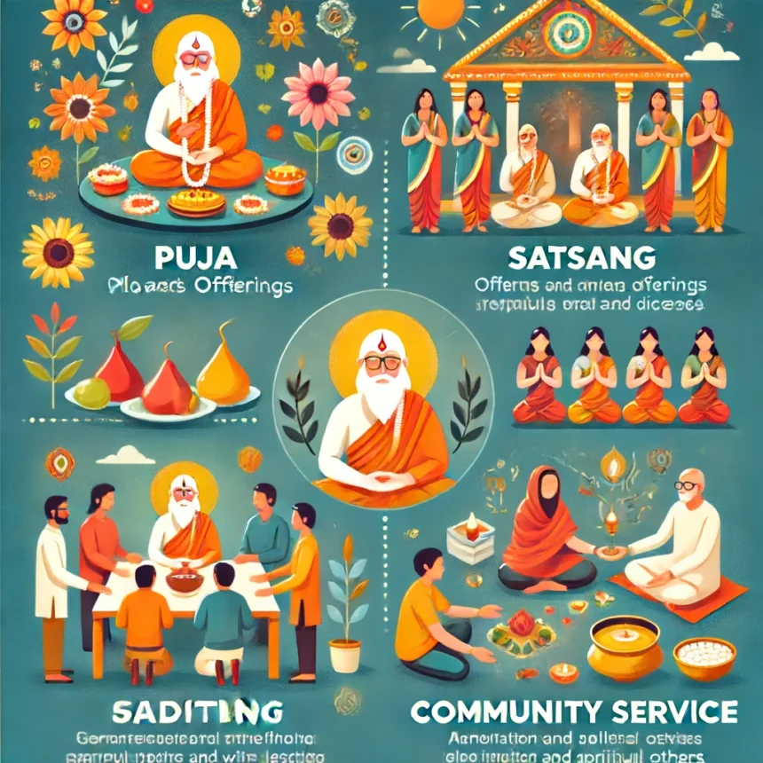 Guru Purnima, Puja and Offerings, Satsang, Meditation, Community Service, Guru Purnima celebrations, spiritual rituals, Hindu festival, infographic