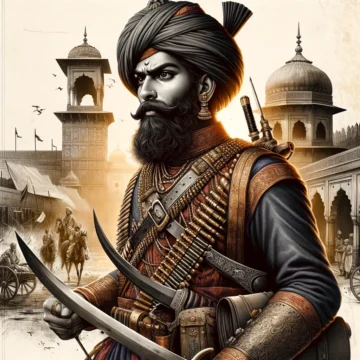 Nana Saheb, 1857 Rebellion, Indian history, warrior, traditional attire, turban, armor, sword, battlefield, Indian architecture, leader, independence struggle, 1857 rebellion, 1857 sepoi mutiny, 1857 mutiny