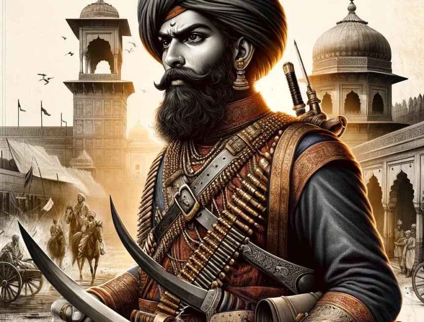 Nana_Saheb_a_major_leader_1857_Rebellion Nana Saheb, 1857 Rebellion, Indian history, warrior, traditional attire, turban, armor, sword, battlefield, Indian architecture, leader, independence struggle, 1857 rebellion, 1857 sepoi mutiny, 1857 mutiny