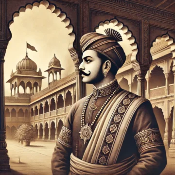 Nanasaheb Peshwa, Maratha Empire, traditional Maratha attire, Indian architecture, palace courtyard, historical illustration, 18th-century India