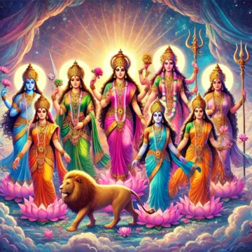 Hindu goddesses, divine feminine, celestial landscape, traditional attire, Lakshmi, Saraswati, Parvati, Durga, Kali, spiritual art, Goddess