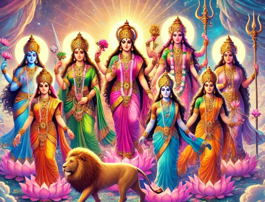 Power_of_Hndu_Goddess_Famine_power_Explained Hindu goddesses, divine feminine, celestial landscape, traditional attire, Lakshmi, Saraswati, Parvati, Durga, Kali, spiritual art, Goddess
