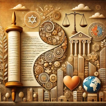 Judaism, secularism, ethics, Torah, cityscape, scales of justice, heart, globe