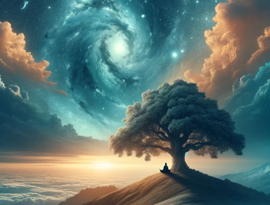 Shri_Datta_Guru_and_his_Guru_Akash Akasha, sky, space, cosmos, meditation, sage, spiritual, tranquility, nature, Hindu philosophy, ethereal, starry night, tree, hilltop, serenity, Shri Datta Guru, Welcome back to our transformative series at HinduInfoPedia.org, where every Monday we delve into the teachings of Dattatreya Guru's elemental gurus. After a profound exploration of Vayu (Wind), our next journey ascends to the expansive realms of Akasha (Sky or Space). Scheduled for July 22, 2024, this segment uncovers the deep spiritual and metaphysical significance of Akasha. Unlike the grounding earth or the restless wind, Akasha represents the boundless dome of the cosmos, embodying both the emptiness and fullness of space. It teaches us the art of presence and detachment, illustrating the unbounded nature of the spiritual realm that permeates all existence yet remains beyond the vicissitudes of the temporal world. Through sacred Slokas, we will explore how Akasha's expansive presence, as described by Dattatreya Guru, can inspire us to live with greater freedom and less attachment, elevating both our spiritual journeys and everyday experiences.